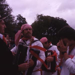 Old Oss Master of Ceremonies stood above procession at Prideaux Place