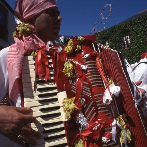 Man from Old Oss playing accordion under Maypole