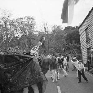 Old Oss with people and children following
