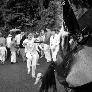 Old Oss dancing leaving Prideaux Place, woman teasing