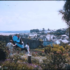 Old Oss being led through a garden, with the sea and rooftops in background