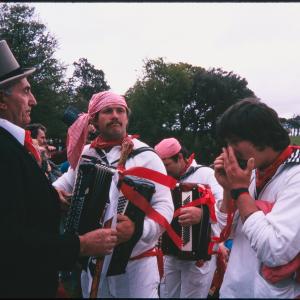 Old Oss Master of Ceremonies stood above procession at Prideaux Place
