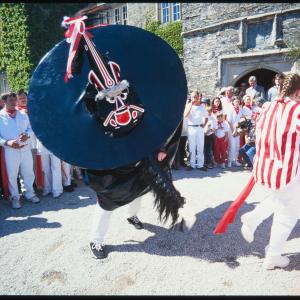 Old Oss being teased in front of Prideaux Place house
