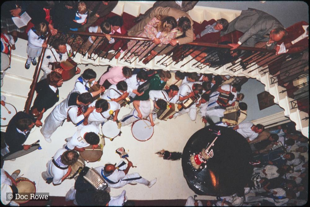 Blue Ribbon band playing in stairwell of Prideaux Place