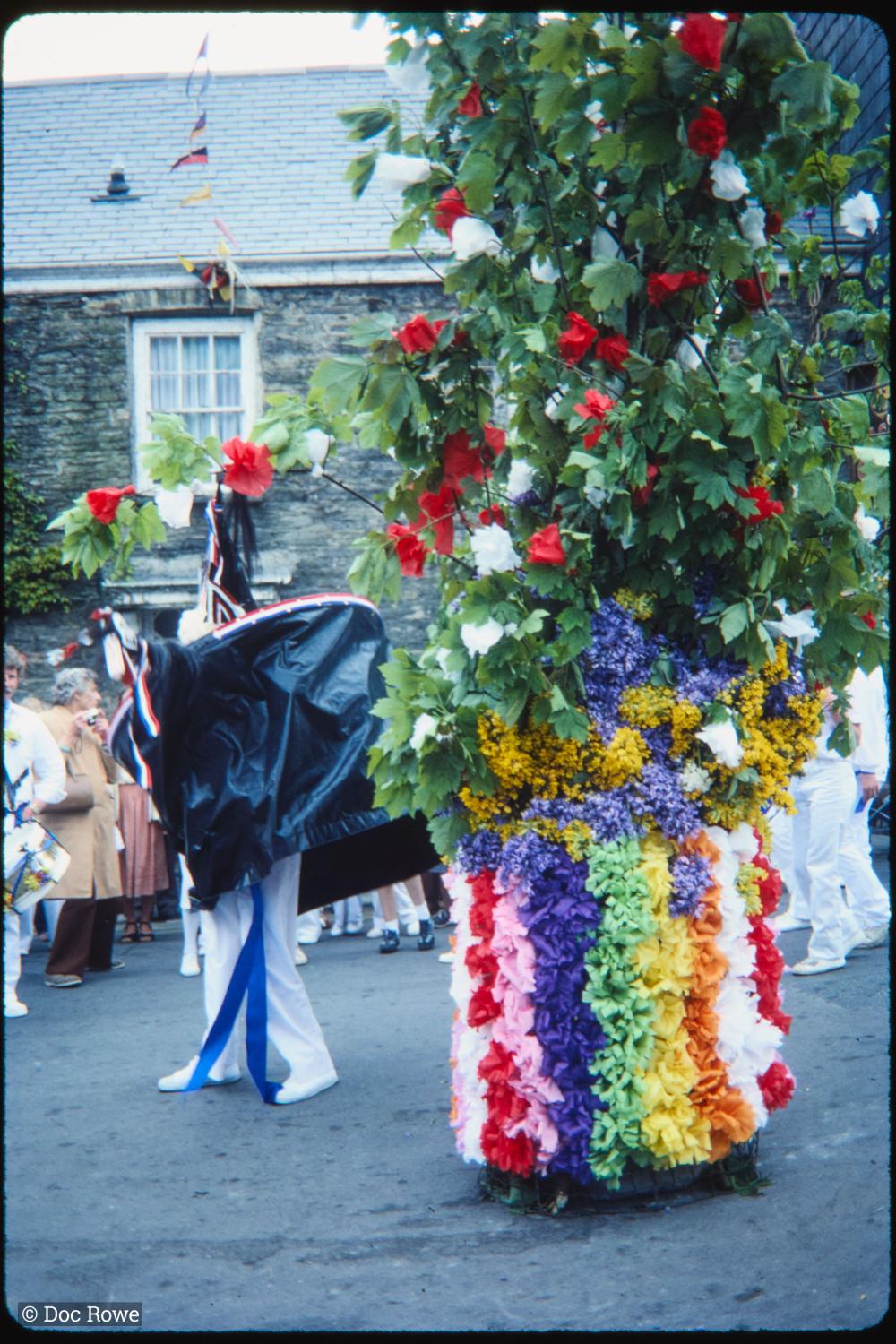 Maypole decorated with flowers and Blue Ribbon oss beside