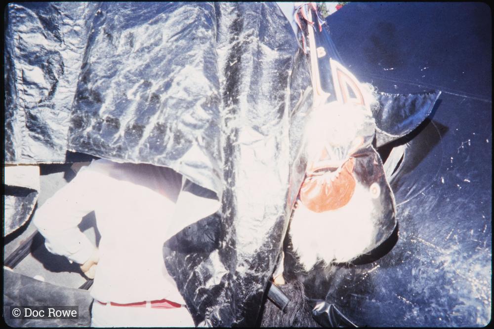 Blue Ribbon Oss close up, obscured by oilskin
