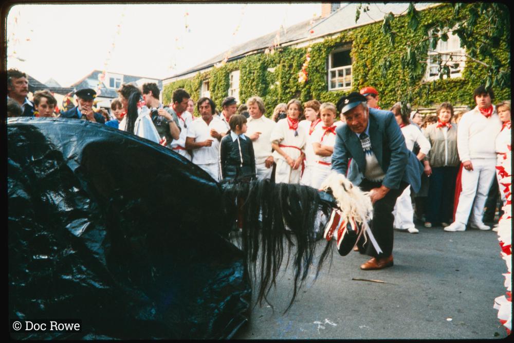 Man teasing Old Oss under maypole at sunset